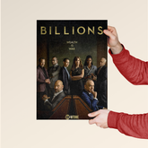 Billions TV show wall art poster featuring lead characters with tagline wealth is war by Dripster
